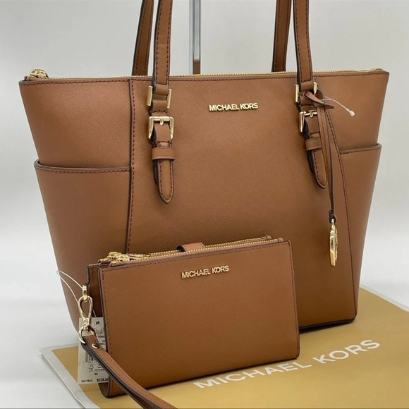 Michael Kors Large Charlotte Tote Bag & Double Zip Wallet Brown - Picture 1 of 12